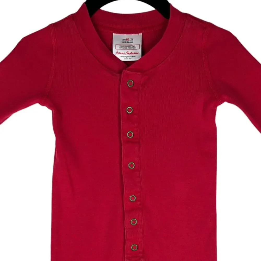 Hanna Andersson Size 80 18-24M Pajamas Christmas Red Santa Long Johns Sleeper